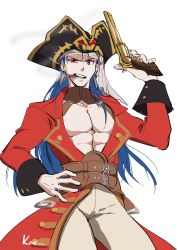 Rule 34 | 10s, 1boy, abs, cigar, cosplay, costume switch, cu chulainn (caster) (fate), cu chulainn (fate), cu chulainn (fate/stay night), earrings, fate/extra, fate/grand order, fate (series), francis drake (fate), francis drake (fate) (cosplay), gun, handgun, hat, highres, jewelry, kaetsai, long hair, looking at viewer, male focus, muscular, pirate hat, pistol, signature, simple background, weapon, white background
