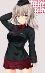 Rule 34 | 10s, 1girl, arm behind head, arm up, blue eyes, breasts, commentary request, garrison cap, girls und panzer, hat, itsumi erika, kuragari, large breasts, long hair, long sleeves, military, military uniform, miniskirt, pleated skirt, red skirt, school uniform, silver hair, skirt, solo, thought bubble, translation request, uniform