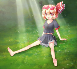 Rule 34 | 1girl, alternate costume, barefoot, blush, bow, casual, hair bow, red eyes, rumia, sitting, solo, touhou, tree shade, wreath, z.o.b