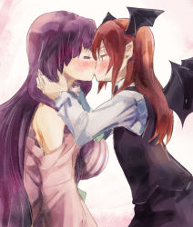 Rule 34 | 2girls, bare shoulders, blouse, breasts, closed eyes, from side, grabbing another&#039;s hair, head wings, kiss, koakuma, large breasts, long hair, multiple girls, no headwear, patchouli knowledge, purple hair, red eyes, red hair, shirt, simple background, skirt, skirt set, touhou, upper body, very long hair, white background, white shirt, wings, yohane, yuri