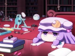 Rule 34 | 1girl, blue ribbon, blunt bangs, book, book stack, bookshelf, chair, chibi, commentary request, crescent, crescent hair ornament, dumbbell, exercise bike, hair ornament, hair ribbon, hat, hat ribbon, indoors, long hair, long sleeves, mob cap, patchouli knowledge, pink ribbon, purple eyes, purple hair, purple hat, ribbon, rope, shirosato, solo, touhou, treadmill, wide sleeves