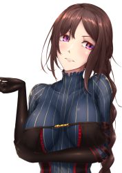 Rule 34 | 1girl, black gloves, braid, breast hold, breasts, breasts apart, brown hair, collarbone, commentary request, elbow gloves, fate/grand order, fate (series), gloves, head tilt, highres, large breasts, long braid, long hair, looking at viewer, messy hair, no eyewear, red eyes, shiroshisu, simple background, single braid, solo, striped clothes, striped sweater, sweater, very long hair, white background, yu mei-ren (fate), yu mei-ren (first ascension) (fate)