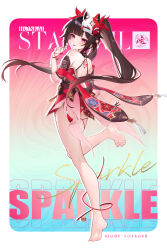 Rule 34 | 1girl, :p, absurdres, back tattoo, bare back, bare legs, bare shoulders, barefoot, blunt bangs, brown hair, character name, commentary, detached sleeves, dress, feet, highres, honkai: star rail, honkai (series), long hair, looking at viewer, pink eyes, ranshangchen, red dress, short sleeves, smile, soles, solo, sparkle (honkai: star rail), tattoo, toes, tongue, tongue out, twintails, very long hair