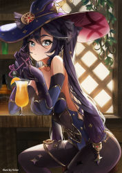 Rule 34 | 1girl, :/, absurdres, alcohol, bare shoulders, black choker, black hair, black pantyhose, blue leotard, blush, bodystocking, breasts, choker, closed mouth, cocktail glass, cup, drinking glass, drinking straw, elbow gloves, elbow rest, food, from side, fruit, genshin impact, gloves, green eyes, hair ornament, hat, highres, indoors, leaning forward, leotard, long hair, looking at viewer, mona (genshin impact), orange (fruit), orange slice, pantyhose, purple hair, sitting, solo, sparkle hair ornament, sparkle print, star (symbol), star hair ornament, table, thighlet, twintails, volar uwu, whiskey, witch hat