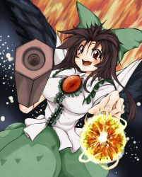 Rule 34 | 1girl, arm cannon, black hair, bow, breasts, cape, energy ball, female focus, fireball, foreshortening, hair bow, large breasts, long hair, mixed media, nib pen (medium), open mouth, red eyes, reiuji utsuho, shigurio, smile, solo, touhou, traditional media, weapon, wings