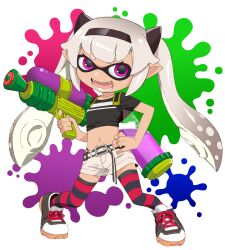 1girl akitetsu black_panties dark-skinned_female dark_skin fangs flat_chest full_body grey_hair highres ink_tank_(splatoon) inkling long_hair looking_at_viewer matsukai_mao matsukai_mao_(1st_costume) navel nijisanji nintendo open_mouth panties panty_straps parody pointy_ears purple_eyes short_shorts shorts smile solo splatoon_(series) splattershot_(splatoon) striped_clothes striped_thighhighs style_parody suction_cups tentacle_hair thighhighs twintails underwear virtual_youtuber