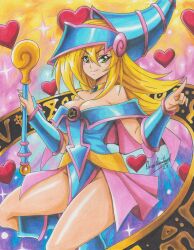 Rule 34 | 1girl, 2023, absurdres, artist name, bare shoulders, blonde hair, blue footwear, blue hat, blush, boots, breasts, cleavage, dark magician girl, duel monster, female focus, gradient background, green eyes, hat, heart, highres, holding, holding wand, jewelry, large breasts, magic circle, magical girl, necklace, ravernclouk design, smile, solo, star (symbol), thick thighs, thighs, top hat, traditional media, wand, wizard hat, yu-gi-oh!