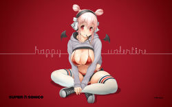 Rule 34 | 1girl, alternate hairstyle, bikini, bikini top only, blush, breasts, cleavage, clothes lift, converse, demon wings, detached wings, double bun, food, hair bun, happy valentine, headphones, highres, indian style, large breasts, long hair, looking at viewer, navel, nitroplus, official art, official wallpaper, pink hair, pocky, red bikini, red eyes, shoes, sitting, sneakers, solo, super sonico, sweater, sweater lift, swimsuit, thighhighs, tsuji santa, wallpaper, wings