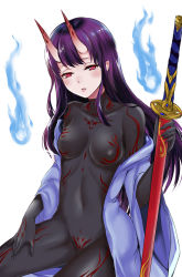 Rule 34 | 1girl, black bodysuit, blue kimono, bodysuit, breasts, collarbone, covered erect nipples, covered navel, fengya, fingernails, highres, hitodama, horns, japanese clothes, katana, kimono, long fingernails, long hair, looking at viewer, medium breasts, oni, oni horns, open clothes, open kimono, original, pale skin, parted lips, pink eyes, pointy ears, purple hair, sheath, sheathed, sitting, solo, sword, weapon