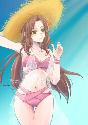 Rule 34 | 1girl, absurdres, aerith gainsborough, aerith gainsborough (sunny robe), aqua background, arm behind head, artist name, bare shoulders, bikini, bracelet, breasts, brown hair, cleavage, closed mouth, cowboy shot, dated, final fantasy, final fantasy vii, final fantasy vii ever crisis, final fantasy vii remake, green eyes, hat, highres, holding, holding clothes, holding hat, jewelry, lace, long hair, medium breasts, navel, official alternate costume, parted bangs, pink bikini, shawl, shikiwo, sidelocks, smile, solo, standing, straw hat, swimsuit, thigh gap, wavy hair