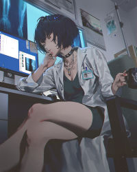Rule 34 | 1girl, black dress, black hair, breasts, brown eyes, calendar (object), choker, cleavage, coat, crossed legs, cup, dress, expressionless, fajyobore, head rest, head tilt, highres, holding, holding cup, intravenous drip, knees up, lab coat, lips, medium breasts, monitor, mug, nail polish, name tag, necktie, office, open clothes, open coat, persona, persona 5, red nails, short dress, short hair, sitting, solo, takemi tae, thighs, v-neck, white coat, x-ray film