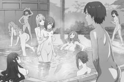 Rule 34 | 10s, 1boy, 6+girls, angry, asejin, ass, barefoot, bathing, black hair, blonde hair, blush, breasts, breasts apart, closed eyes, comic, company connection, covering crotch, covering privates, crossover, darling in the franxx, forest, grabbing, grabbing another&#039;s breast, greyscale, groping, hiro (darling in the franxx), ichigo (darling in the franxx), ikuno (darling in the franxx), kill la kill, kiryuuin satsuki, kokoro (darling in the franxx), large breasts, looking up, matoi ryuuko, medium breasts, miku (darling in the franxx), mixed-sex bathing, monochrome, multiple girls, nana (darling in the franxx), nature, nipples, no pussy, nude, onsen, partially submerged, pointy ears, shared bathing, sitting, small breasts, towel, trigger (company), water, wide-eyed, yuri, zero two (darling in the franxx)