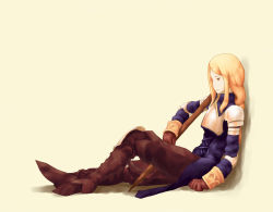 Rule 34 | 1girl, against wall, agrias oaks, armor, blonde hair, boots, breastplate, brown eyes, brown footwear, brown gloves, brown pants, closed mouth, empty eyes, expressionless, final fantasy, final fantasy tactics, from side, full body, gloves, jitome, knee boots, knee pads, kurumaebi, long hair, long sleeves, pants, shoulder pads, sidelocks, simple background, sitting, solo, swept bangs, sword, weapon, wooden sword, yellow background