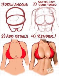 Rule 34 | 1girl, among us, artist name, bikini, blushyspicy, breasts, cleavage, collarbone, crewmate (among us), cropped head, cropped torso, english text, facing viewer, highres, how to, large breasts, navel, red bikini, shiny skin, swimsuit, torso, upper body