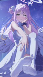 Rule 34 | 1girl, \||/, absurdres, bare shoulders, blue archive, blush, closed mouth, dress, feathered wings, feet, flower, fukujin, full body, hair bun, hair flower, hair ornament, hand on own cheek, hand on own face, hand on own leg, highres, knees up, long hair, loose hair strand, low wings, mika (blue archive), night, night sky, pink hair, scrunchie, single side bun, sky, sleeveless, sleeveless dress, solo, thighhighs, toes, white dress, white thighhighs, white wings, wing ornament, wings, wrist scrunchie, yellow eyes