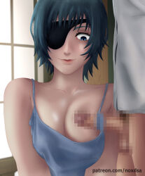 Rule 34 | 1boy, 1girl, blue eyes, blue hair, blue shirt, censored, chainsaw man, eyepatch, facing viewer, himeno (chainsaw man), looking at penis, noxdsa, paizuri, penis, penis to breast, penis under another&#039;s clothes, shirt, short hair, tank top