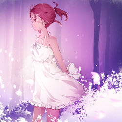 Rule 34 | 1girl, absurdres, bad id, bad pixiv id, blush, closed mouth, dress, from side, highres, looking to the side, night sky sword, petals, pink eyes, plant, ponytail, profile, red hair, short ponytail, smile, solo, standing, sundress, white dress, wind, yuuki yuuna, yuuki yuuna wa yuusha de aru, yuusha de aru