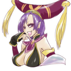 Rule 34 | 1girl, :d, arm warmers, armpits, bare shoulders, breasts, cleavage, collar, crop top, da ji, large breasts, looking at viewer, musou orochi, open mouth, pointy ears, purple eyes, purple hair, shimizu kokeshi, smile, solo, tassel