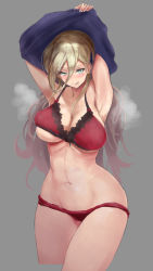 Rule 34 | 1girl, abs, armpits, blonde hair, blue eyes, blush, bra, breasts, cleavage, collarbone, cropped legs, curvy, grey background, hair between eyes, haruto (harut n), kantai collection, large breasts, lingerie, long hair, looking at viewer, mole, mole under eye, mole under mouth, navel, panties, red bra, red panties, richelieu (kancolle), sidelocks, skindentation, solo, steam, stomach, thighs, toned, underwear, undressing, wide hips
