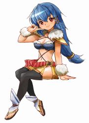 Rule 34 | 1girl, black thighhighs, blue hair, blush, breasts, choker, cleavage, final fantasy, final fantasy crystal chronicles, finger to cheek, fur trim, long hair, low-tied long hair, medium breasts, midriff, navel, nyama, red eyes, sandals, selkie, simple background, sitting, skirt, smile, solo, strapless, thighhighs, tube top, white background, wolfie selkie (female)