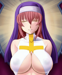 Rule 34 | 1girl, abriel00, aq interactive, arcana heart, arcana heart 2, atlus, breasts, clarice di lanza, cleavage, cross, examu, closed eyes, habit, large breasts, long hair, midriff, nipples, no bra, nun, pink hair, red hair, see-through, smile, solo, underboob