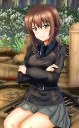 Rule 34 | 1girl, birthday, black jacket, black necktie, brown eyes, brown hair, closed mouth, commentary, crossed arms, day, dress shirt, flower, girls und panzer, grey shirt, grey skirt, happy birthday, highres, jacket, long sleeves, looking at viewer, military, military uniform, military vehicle, miniskirt, motor vehicle, necktie, niedersachsen military uniform, nishizumi maho, on vehicle, outdoors, pleated skirt, redbaron, shirt, short hair, sitting, skirt, smile, solo, tank, twitter username, uniform, wing collar
