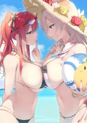 Rule 34 | 2girls, ahoge, algerie (azur lane), algerie (white sand paradise) (azur lane), algerie (white sand paradise) (azur lane), arm behind back, azur lane, ball, bikini, black bikini, blush, breast contest, breast press, breasts, cloud, drill hair, eye contact, face-to-face, finger to another&#039;s mouth, flower, from side, goggles, goggles on head, hair ornament, hat, hat flower, hayato rikin, highleg, highleg bikini, highres, holding another&#039;s hair, large breasts, long hair, looking at another, manjuu (azur lane), mole, mole under eye, multi-strapped bikini, multiple girls, multiple straps, navel, o-ring, o-ring bikini, ocean, parted lips, purple eyes, red hair, side ponytail, sidelocks, silver hair, sky, smile, standing, straw hat, sun hat, swimsuit, symmetrical docking, two-tone bikini, whistle, whistle around neck, yellow eyes, yuri, zara (azur lane), zara (poolside coincidence) (azur lane)
