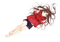 Rule 34 | 1girl, absurdres, bare legs, blush, brown hair, commentary request, faux text, from above, highres, hood, hoodie, kanojo okarishimasu, language request, long hair, looking at viewer, looking up, lying, messy hair, midriff peek, miyajima reiji, mizuhara chizuru, no shoes, no socks, on back, outstretched arms, oversized clothes, red hoodie, shorts, simple background