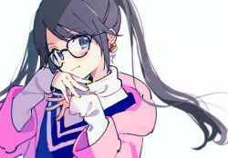 Rule 34 | 1girl, black hair, blue eyes, commentary request, earrings, glasses, highres, idolmaster, idolmaster shiny colors, jewelry, long hair, looking at viewer, mameyanagi, mitsumine yuika, sleeves past wrists, solo, twintails, upper body, white background, yellow nails