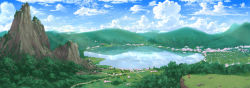 Rule 34 | 1girl, back, bad id, bad pixiv id, blouse, bow, brown hair, cherry blossoms, cloud, day, detached sleeves, gensokyo, hair bow, hair tubes, hakurei reimu, lake, landscape, long hair, misty lake, mountain, reflection, rice paddy, scarlet devil mansion, scenery, shirt, sitting, skirt, sky, solo, touhou, town, tree, yuuko-san