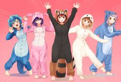 Rule 34 | 5girls, :&lt;, :d, animal costume, animal ears, arms up, barefoot, blue hair, blush, brown eyes, brown hair, claw pose, closed mouth, dinosaur costume, emphasis lines, fake animal ears, fake horns, feet, green eyes, grin, hair ornament, hairclip, hand on own ear, horns, ibuki tsubasa, idolmaster, idolmaster million live!, kamille (vcx68), kasuga mirai, leaning to the side, leg up, light frown, long hair, long sleeves, looking at viewer, makabe mizuki, mochizuki anna, multiple girls, nanao yuriko, nose blush, open mouth, outstretched arms, penguin costume, pigeon-toed, pink background, pom pom (clothes), pulling own ear, purple hair, rabbit costume, rabbit ears, red eyes, red hair, shark costume, short hair, simple background, smile, speed lines, standing, standing on one leg, tanuki costume, tareme, teeth, toe scrunch, toes, v-shaped eyebrows, yellow eyes