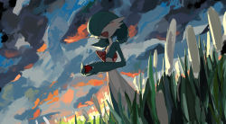 Rule 34 | 1girl, ^ ^, apios, backlighting, blush, bob cut, cattail, closed eyes, cloud, cloudy sky, colored skin, creatures (company), day, dutch angle, facing viewer, female focus, flat chest, game freak, gardevoir, gen 3 pokemon, grass, green hair, green skin, hair over one eye, hands up, happy, highres, holding, multicolored skin, nintendo, open mouth, orange sky, outdoors, own hands together, plant, pokemon, pokemon (creature), short hair, sky, smile, solo, standing, sunset, two-tone skin, white skin