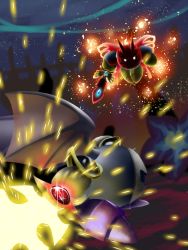 Rule 34 | 2boys, bat wings, battle, bayonetknight, bug, butterfly, butterfly wings, commentary request, dark, fighting, flower, galaxia (sword), hidden eyes, horns, insect, insect wings, kirby: star allies, kirby (series), mask, meta knight, morpho knight, multiple boys, nintendo, sparks, spoilers, sword, weapon, white eyes, wings