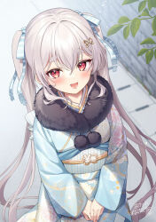Rule 34 | 1girl, :d, blue kimono, blurry, blurry background, bow, brick wall, commentary request, day, depth of field, fur collar, grey hair, hair between eyes, hair bow, japanese clothes, kimono, long hair, long sleeves, looking at viewer, obi, okanoyuno, open mouth, original, outdoors, plant, red eyes, sash, short eyebrows, sidelocks, signature, sleeves past wrists, smile, solo, striped, striped bow, thick eyebrows, twintails, v arms, very long hair, wide sleeves