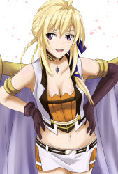 Rule 34 | 10s, 1girl, :d, ahoge, armlet, asymmetrical gloves, blonde hair, blue ribbon, breasts, cleavage, collarbone, cowboy shot, crop top, elbow gloves, gloves, grancrest senki, groin, hair between eyes, hair ribbon, hands on own hips, highres, jewelry, leaning forward, long hair, looking at viewer, medium breasts, midriff, miniskirt, navel, necklace, open mouth, purple eyes, raipen, ribbon, shiny clothes, shiny skin, sidelocks, siluca meletes, skirt, smile, solo, standing, stomach, uneven gloves, white skirt