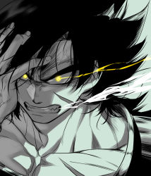 Rule 34 | 1boy, anger vein, angry, black eyes, black hair, broly (dragon ball super), dragon ball, dragon ball super, dragon ball super broly, facial scar, glowing, glowing eyes, highres, large pectorals, pectoral cleavage, male focus, muscular, muscular male, pectorals, scar, scar on cheek, scar on chest, scar on face, short hair, solo, spiked hair, spot color, tarutobi
