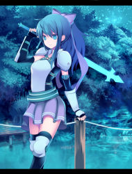 Rule 34 | 1girl, armor, bad id, bad pixiv id, black thighhighs, blue eyes, blue hair, bow, fence, fingerless gloves, fireflysnow, gauntlets, gloves, letterboxed, matching hair/eyes, night, night sky, over shoulder, pink bow, ragnarok online, skirt, sky, solo, spica parfait, star (symbol), strong stars story, sword, thighhighs, tree, weapon