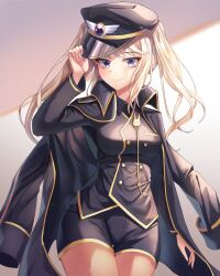 Rule 34 | 1girl, absurdres, black jacket, black shirt, black shorts, highres, jacket, long hair, looking at viewer, maplestory, orchid (maplestory), progameer789, purple eyes, shirt, shorts, solo, thighs, twintails