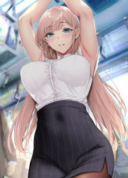 Rule 34 | 1girl, armpits, arms up, black pantyhose, blue eyes, blush, breasts, brown hair, covered navel, cowboy shot, from below, gentsuki, high-waist skirt, highres, large breasts, long hair, looking at viewer, miniskirt, office lady, original, pantyhose, pencil skirt, pinstripe pattern, pinstripe skirt, shirt, shirt tucked in, skirt, sleeveless, sleeveless shirt, solo focus, striped, tented shirt, train interior, very long hair