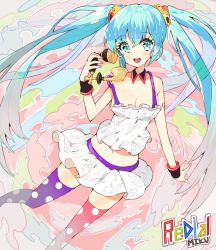 Rule 34 | 1girl, antique phone, asymmetrical legwear, bad id, bad pixiv id, blue eyes, blue hair, breasts, camisole, cleavage, cloud, detached collar, hatsune miku, large breasts, long hair, looking at viewer, matching hair/eyes, midriff, mismatched legwear, navel, parfait (ryunghu), phone, pink thighhighs, polka dot, polka dot legwear, purple thighhighs, redial (vocaloid), rotary phone, smile, solo, talking on phone, tattoo, thighhighs, twintails, very long hair, vocaloid
