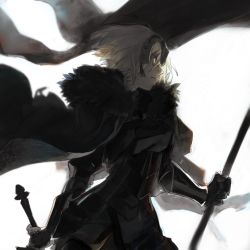 Rule 34 | 1girl, armor, armored dress, black cape, blurry, blurry background, breasts, cape, commentary request, cowboy shot, fate/grand order, fate (series), flag, flagpole, forehead protector, fur, fur collar, gauntlets, headpiece, holding, holding flag, holding sword, holding weapon, jeanne d&#039;arc (fate), jeanne d&#039;arc alter (avenger) (fate), jeanne d&#039;arc alter (avenger) (first ascension) (fate), jeanne d&#039;arc alter (fate), looking afar, short hair, silver hair, simple background, solo, sword, toooka, tsurime, upper body, weapon, white background, yellow eyes