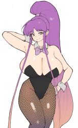 Rule 34 | 1girl, arm behind head, armpits, black leotard, bow, bowtie, breasts, cleavage, commission, curvy, eiken, facing viewer, fishnet pantyhose, fishnets, flat color, gradient hair, grey eyes, hand on own hip, highres, huge breasts, leotard, long hair, looking at viewer, misono kirika, multicolored hair, norman maggot, pantyhose, pinup (style), playboy bunny, ponytail, purple hair, sidelocks, smile, solo, strapless, strapless leotard, thick thighs, thighs, very long hair, wide hips, wrist cuffs