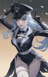 Rule 34 | 1girl, absurdres, aiguillette, belt, black gloves, black hat, black jacket, black leotard, blue hair, breasts, buttons, chest strap, cleavage, collared leotard, earrings, gloves, hand on headwear, hand up, hat, highres, indie virtual youtuber, jacket, jewelry, large breasts, leotard, milkie (vtuber), miraymoon, mole, mole under eye, open mouth, peaked cap, skindentation, solo, thigh strap, virtual youtuber, white belt, yellow eyes