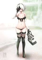 Rule 34 | 1girl, bag, bare shoulders, bikini, black bikini, black gloves, black thighhighs, blindfold, blush, boots, breasts, cleavage, full body, gloves, hairband, large breasts, lowleg, lowleg bikini, mole, mole under mouth, navel, nier (series), nier:automata, short hair, smile, solo, souryu, standing, strapless, strapless bikini, swimsuit, thigh boots, thighhighs, thighhighs under boots, towel, white hair, 2b (nier:automata)