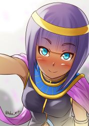 Rule 34 | 1girl, armpits, blue eyes, blunt bangs, blush, bob cut, bright pupils, capcom, closed mouth, dark-skinned female, dark skin, egyptian, eyes visible through hair, highres, jewelry, kashisu mint, looking at viewer, menat, necklace, purple hair, short hair, simple background, smile, solo, street fighter, street fighter v, tiara, twitter username, white background