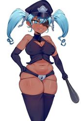 Rule 34 | bare shoulders, baton, belly, blue eyes, blue hair, breasts, chastity belt, cleavage, cleavage cutout, clothing cutout, commission, eyepatch, gloves, gs16 (chug), hair ornament, hand on own hip, hat, jourjii, licking lips, long glove, medium breasts, midriff, original, police hat, short hair, skindentation, thick thighs, thighhighs, thighs, tongue, tongue out, vest