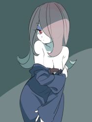 Rule 34 | 10s, 1girl, bad id, bad twitter id, bare shoulders, bokujoukun, breasts, brown hair, cleavage, eyeshadow, hair over one eye, little witch academia, long hair, makeup, medium breasts, no bra, partially undressed, red eyes, solo, sucy manbavaran