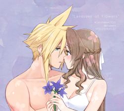 Rule 34 | 1boy, 1girl, 2020, aerith gainsborough, bad id, bad pixiv id, bare shoulders, blonde hair, blue eyes, blush, braid, breasts, brown hair, cleavage, cloud strife, collarbone, couple, dated, english text, eye contact, final fantasy, final fantasy vii, flower, french braid, green eyes, hair ribbon, hetero, holding, holding flower, imminent kiss, krudears, looking at another, parted lips, purple background, purple flower, ribbon, shirt, signature, sleeveless, sleeveless shirt, spaghetti strap, spiked hair, title, twitter username, upper body, watermark, web address, white ribbon, white shirt