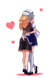 Rule 34 | 2girls, absurdres, ass, ass grab, black footwear, black skirt, blonde hair, blue dress, braid, brown shirt, commentary, commission, dress, english commentary, from behind, full body, half updo, heart, highres, hug, implied kiss, izayoi sakuya, kiss, maid, maid headdress, mary janes, mizuhashi parsee, multiple girls, petticoat, pointy ears, puffy short sleeves, puffy sleeves, shirt, shoes, short dress, short sleeves, silver hair, simple background, size difference, skirt, socks, standing, thighhighs, thighs, tiptoe kiss, tiptoes, touhou, white background, white legwear, wrist cuffs, yoruny, yuri, zettai ryouiki