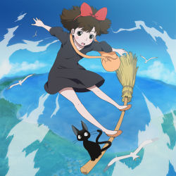 Rule 34 | 1girl, animal, bag, bird, black cat, black dress, blush, bow, broom, broom riding, broom surfing, brown eyes, brown hair, cat, cloud, commentary request, day, dress, flying, hair bow, hairband, jiji (majo no takkyuubin), kiki (majo no takkyuubin), majo no takkyuubin, no socks, ocean, open mouth, ribbon, seagull, short hair, sky, studio ghibli, witch, yazwo